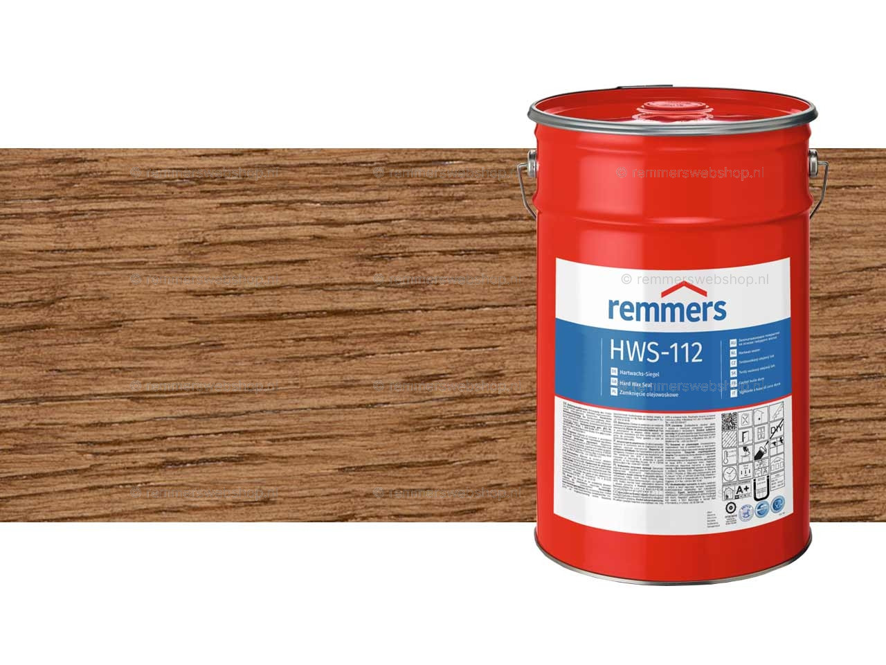 Close-up van Remmers HWS-112 Hardwax Sealer verpakking van 20 liter samen met een kleursample Noten 
