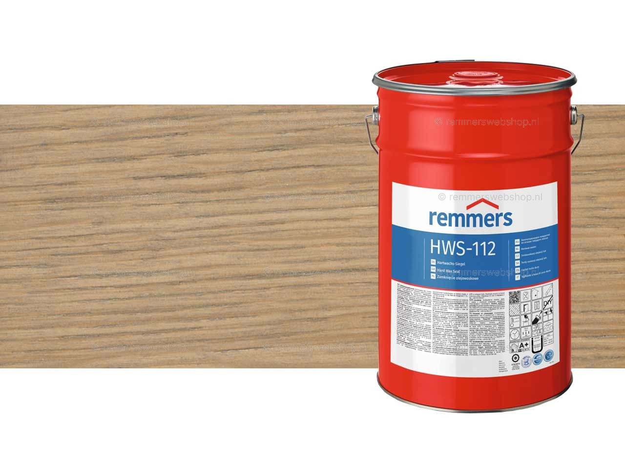 Close-up van Remmers HWS-112 Hardwax Sealer verpakking van 20 liter samen met een kleursample Zilvergrijs