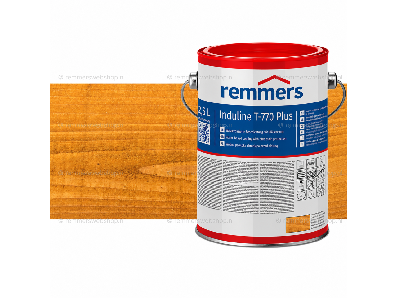 Verpakking Remmers Induline T-770 Plus licht eiken – kleurloze houtcoating voor buitengebruik, verkrijgbaar bij Bouwbescherming Webshop