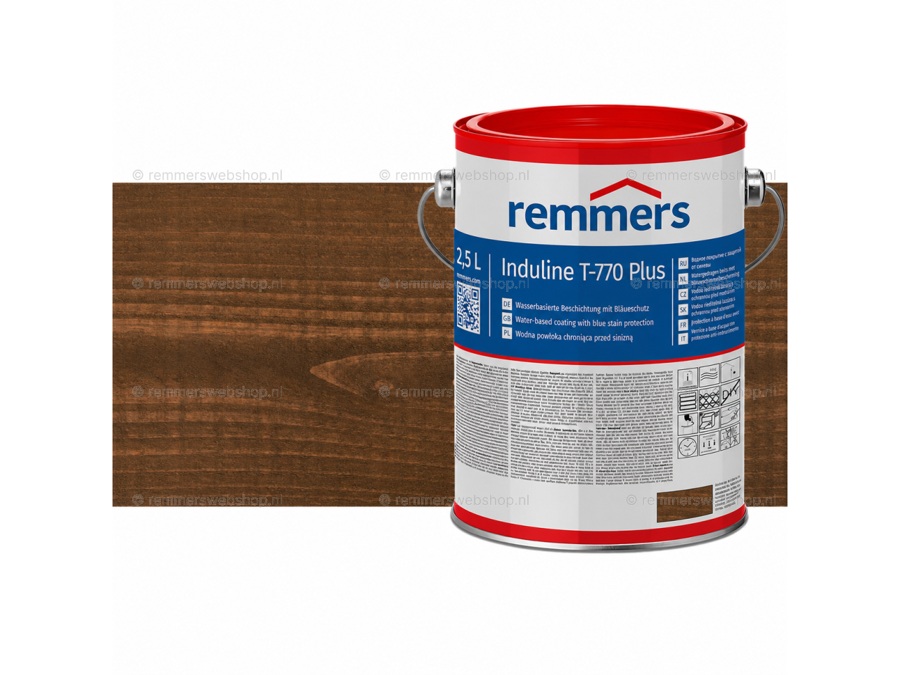 Verpakking Remmers Induline T-770 Plus palissander – kleurloze houtcoating voor buitengebruik, verkrijgbaar bij Bouwbescherming Webshop