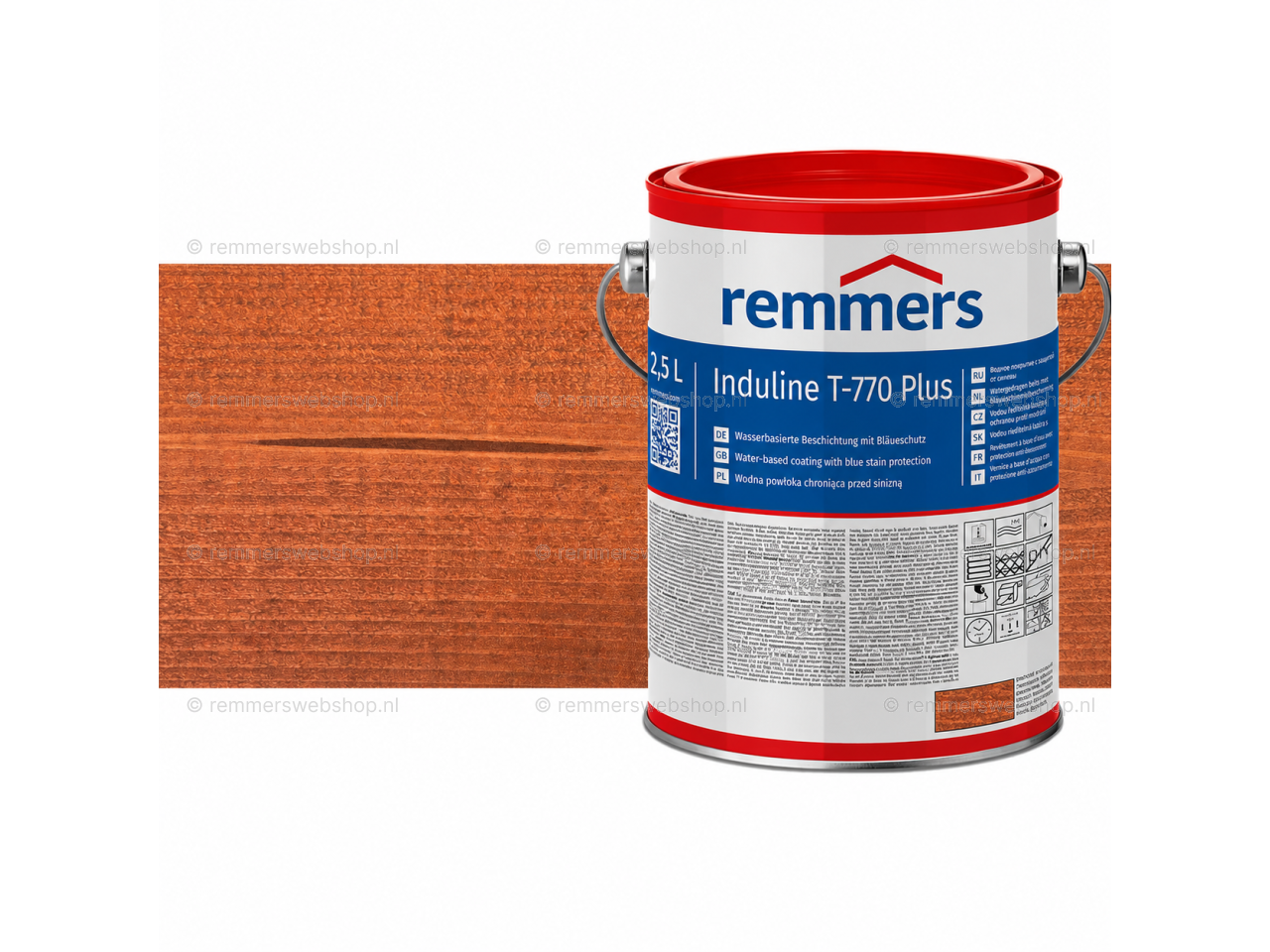 Verpakking Remmers Induline T-770 Plus teak – kleurloze houtcoating voor buitengebruik, verkrijgbaar bij Bouwbescherming Webshop