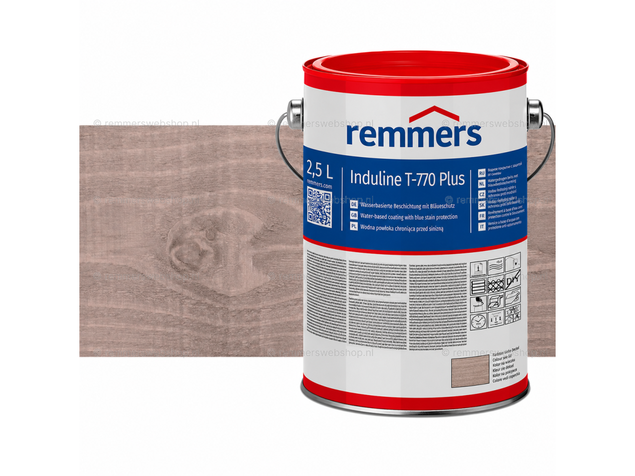 Verpakking Remmers Induline T-770 Plus toscanegrijs – kleurloze houtcoating voor buitengebruik, verkrijgbaar bij Bouwbescherming Webshop