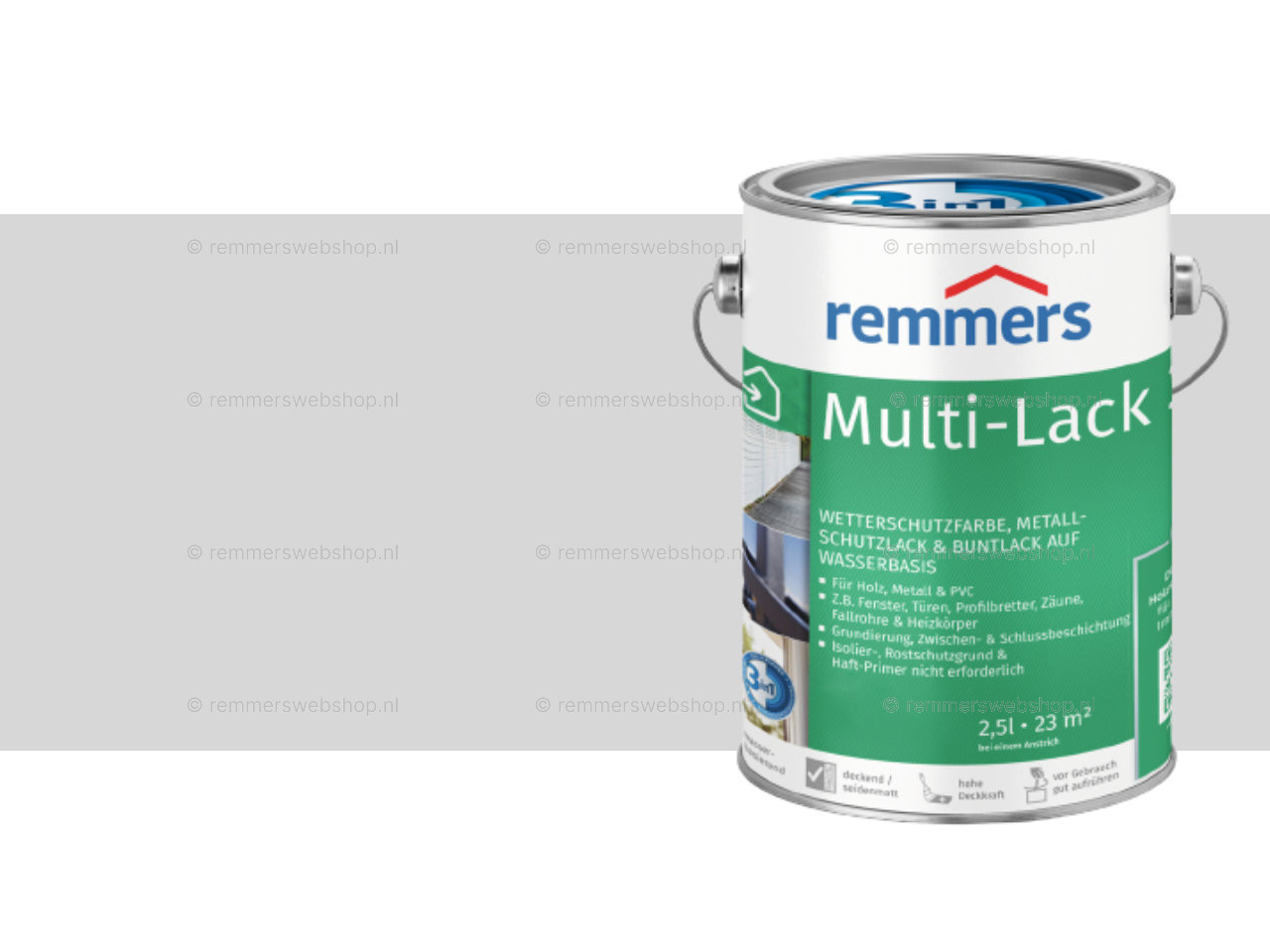 Remmers Multi-Lak 3-in-1 packshot - Weerbestendige lak voor hout, metaal en PVC-lcihtgrijs (RAL 7035)