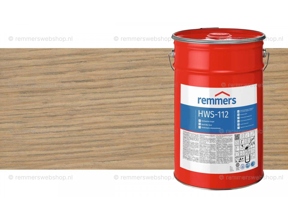 Close-up van Remmers HWS-112 Hardwax Sealer verpakking van 20 liter samen met een kleursample Zilvergrijs