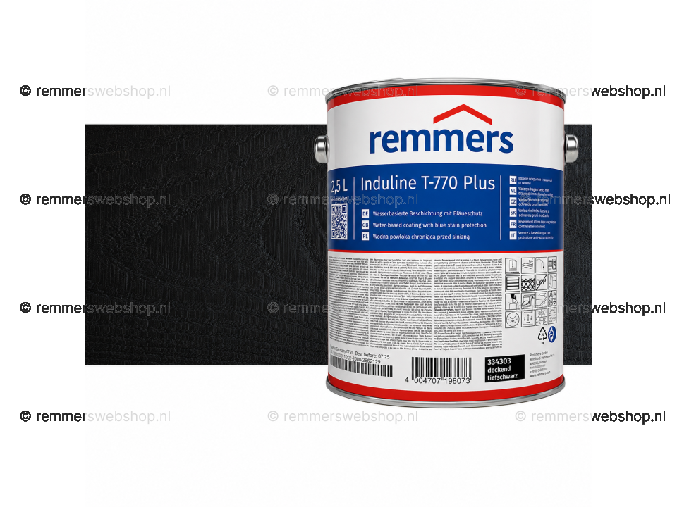 Verpakking Remmers Induline T-770 Plus zwart – kleurloze houtcoating voor buitengebruik, verkrijgbaar bij Bouwbescherming Webshop