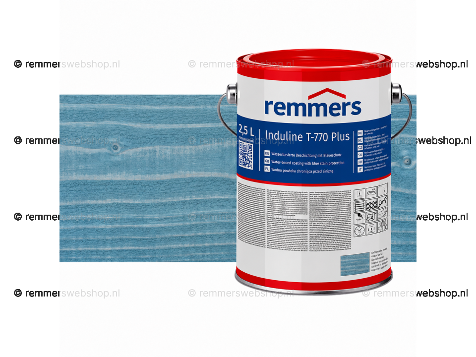 Verpakking Remmers Induline T-770 Plus friezenblauw – kleurloze houtcoating voor buitengebruik, verkrijgbaar bij Bouwbescherming Webshop