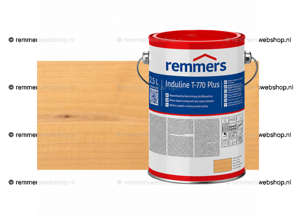 Verpakking Remmers Induline T-770 Plus hemlock – kleurloze houtcoating voor buitengebruik, verkrijgbaar bij Bouwbescherming Webshop