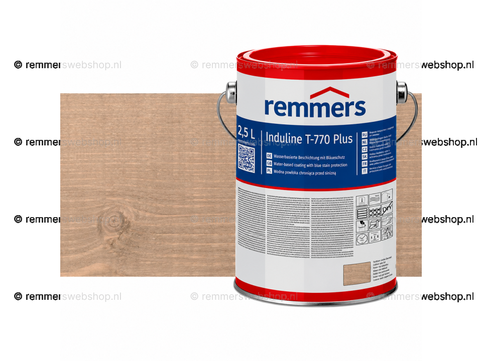 Verpakking Remmers Induline T-770 Plus leemgrijs – kleurloze houtcoating voor buitengebruik, verkrijgbaar bij Bouwbescherming Webshop