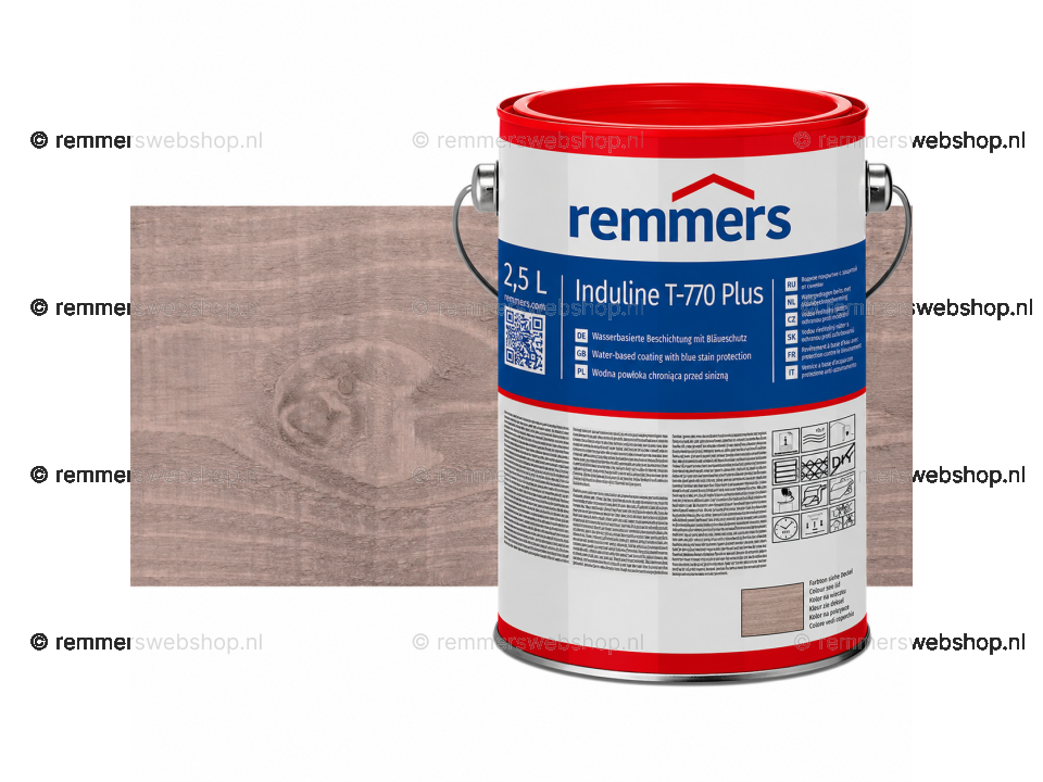 Verpakking Remmers Induline T-770 Plus toscanegrijs – kleurloze houtcoating voor buitengebruik, verkrijgbaar bij Bouwbescherming Webshop