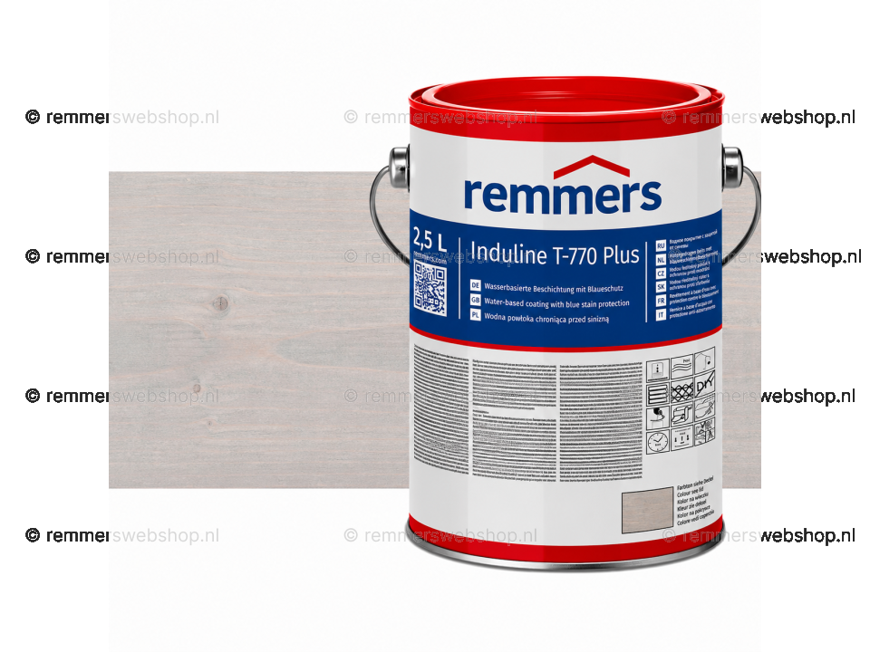 Verpakking Remmers Induline T-770 Plus venstergrijs – kleurloze houtcoating voor buitengebruik, verkrijgbaar bij Bouwbescherming Webshop