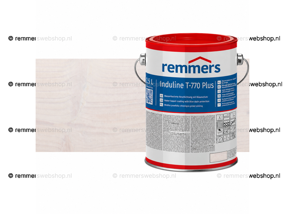 Verpakking Remmers Induline T-770 Plus wit – kleurloze houtcoating voor buitengebruik, verkrijgbaar bij Bouwbescherming Webshop