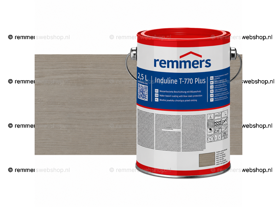 Verpakking Remmers Induline T-770 Plus zandgrijs – kleurloze houtcoating voor buitengebruik, verkrijgbaar bij Bouwbescherming Webshop