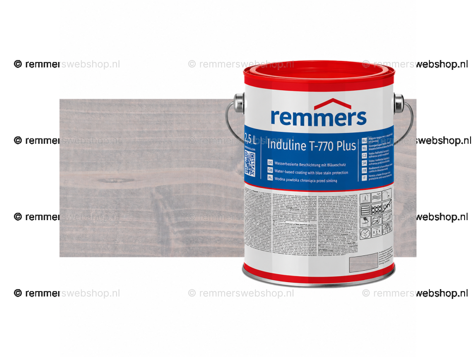 Verpakking Remmers Induline T-770 Plus zilvergrijs – kleurloze houtcoating voor buitengebruik, verkrijgbaar bij Bouwbescherming Webshop