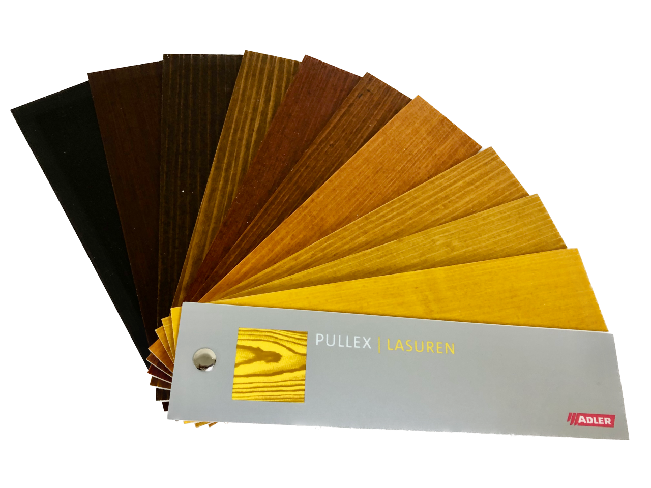 Adler Pullex kleurenwaaier met overzicht van dekkende en transparante houtkleuren voor buiten