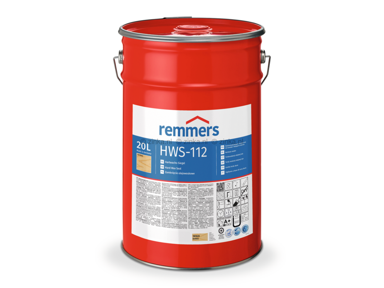 Close-up van Remmers HWS-112 Hardwax Sealer verpakking van 20 liter
