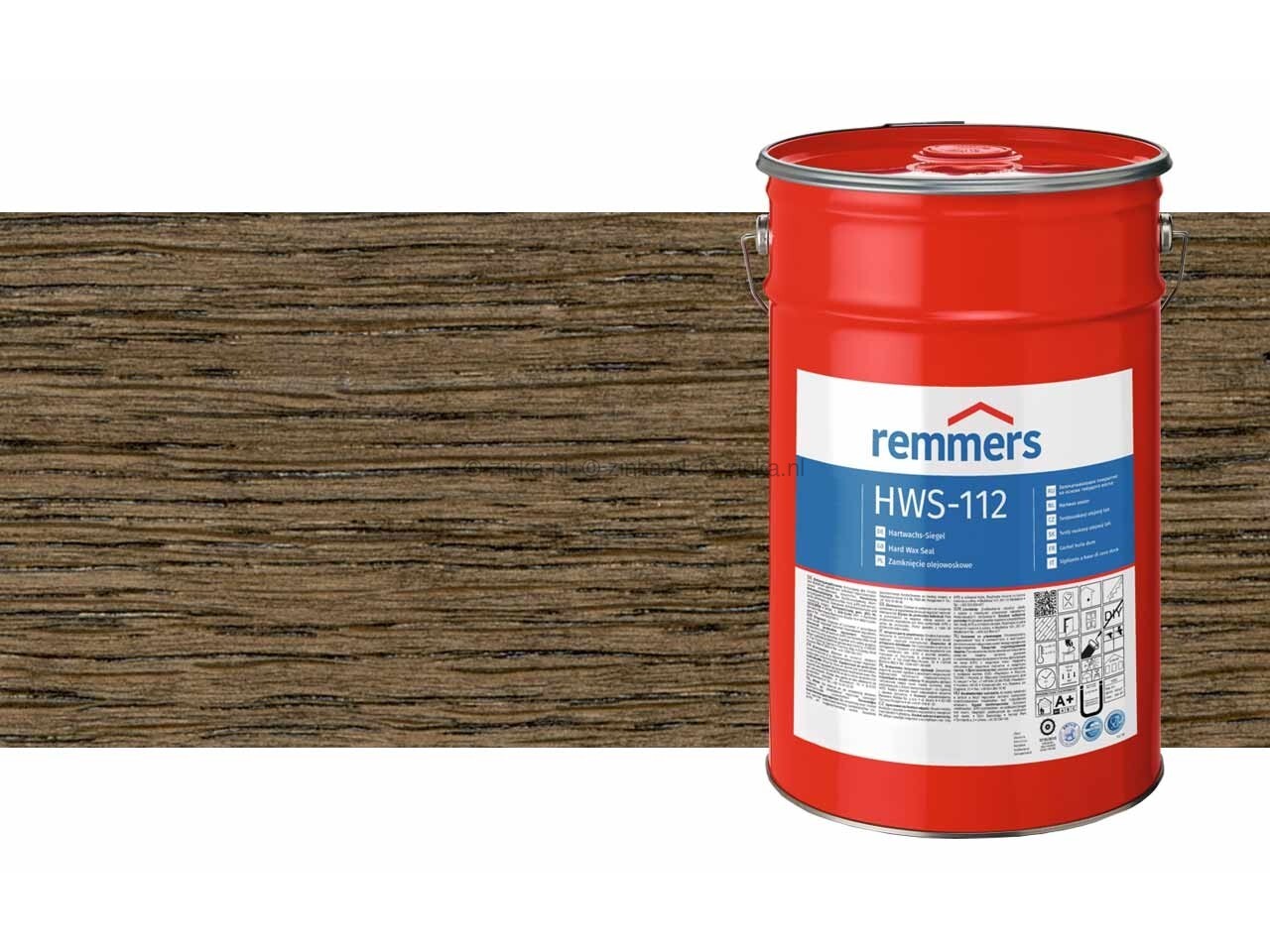 Close-up van Remmers HWS-112 Hardwax Sealer verpakking van 20 liter samen met eeen kleursample