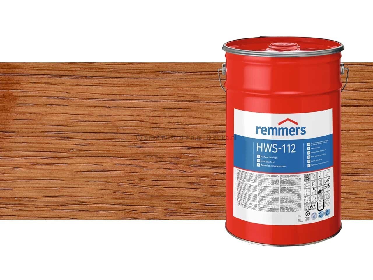 Close-up van Remmers HWS-112 Hardwax Sealer verpakking van 20 liter samen met een kleursample Teak