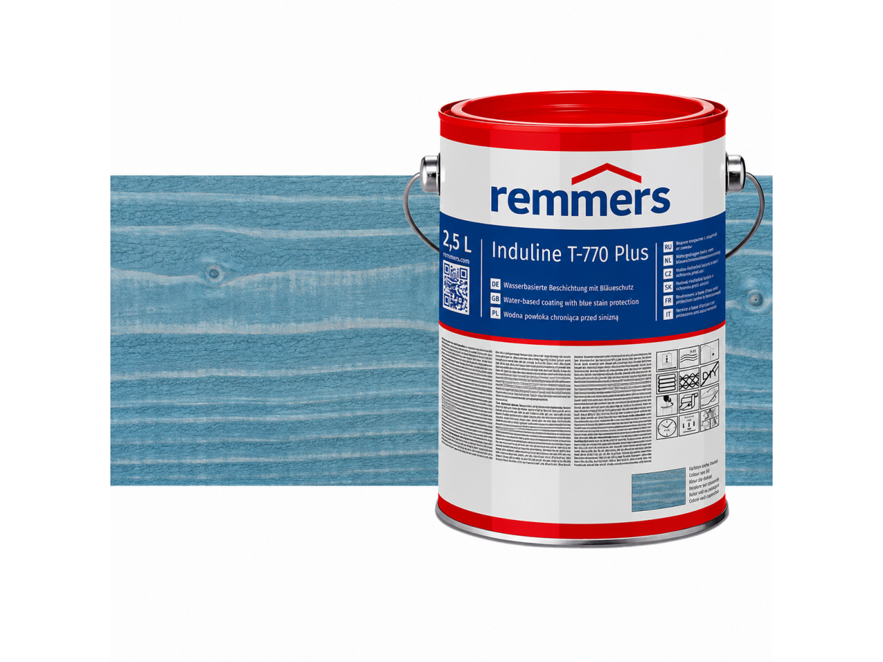 Verpakking Remmers Induline T-770 Plus friezenblauw – kleurloze houtcoating voor buitengebruik, verkrijgbaar bij Bouwbescherming Webshop