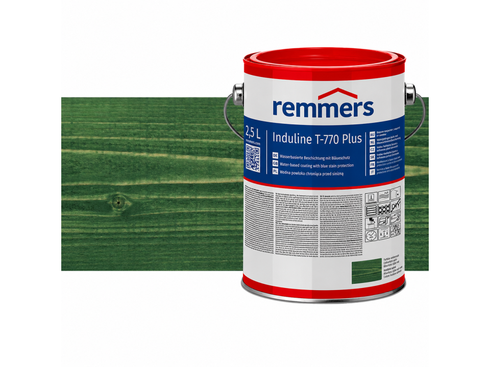 Verpakking Remmers Induline T-770 Plus dennengroen – kleurloze houtcoating voor buitengebruik, verkrijgbaar bij Bouwbescherming Webshop