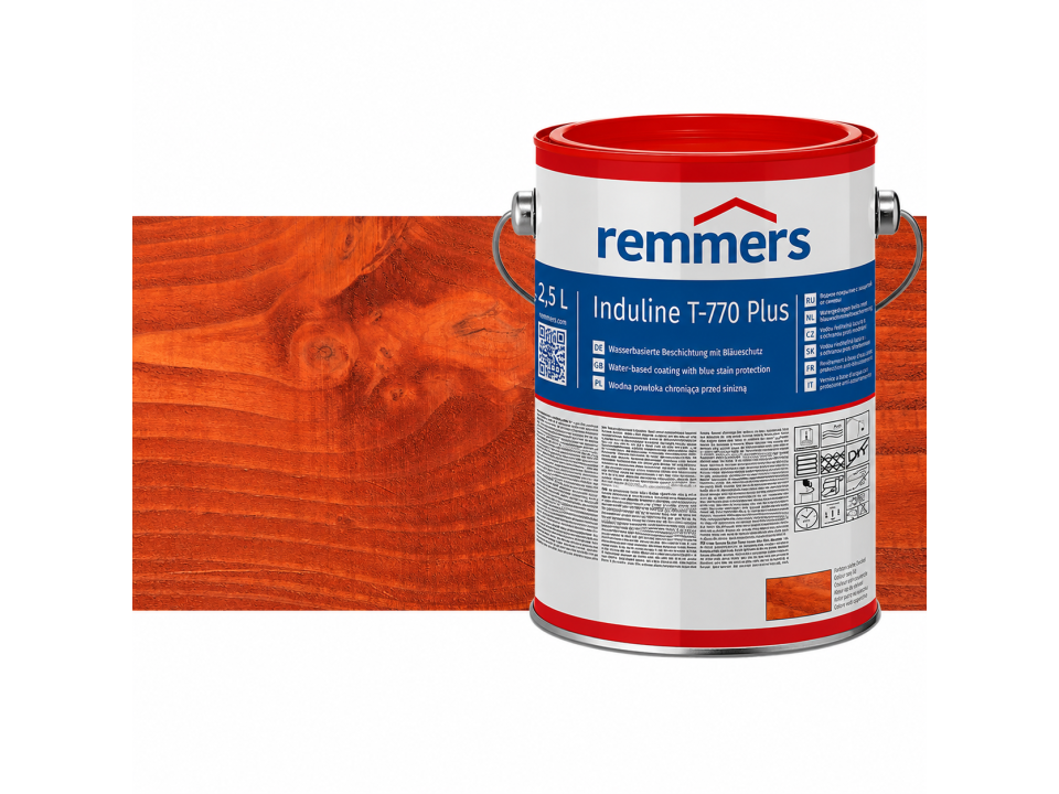 Verpakking Remmers Induline T-770 Plus mahonie – kleurloze houtcoating voor buitengebruik, verkrijgbaar bij Bouwbescherming Webshop