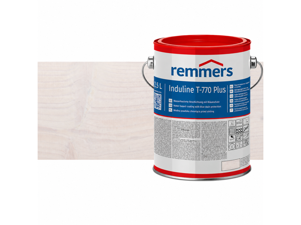 Verpakking Remmers Induline T-770 Plus wit – kleurloze houtcoating voor buitengebruik, verkrijgbaar bij Bouwbescherming Webshop