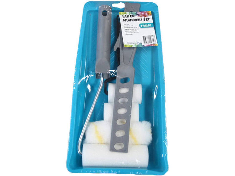 8-delige Lak- en Muurverfset met rollers, beugels, verfbak en roerstaaf voor professioneel schilderwerk